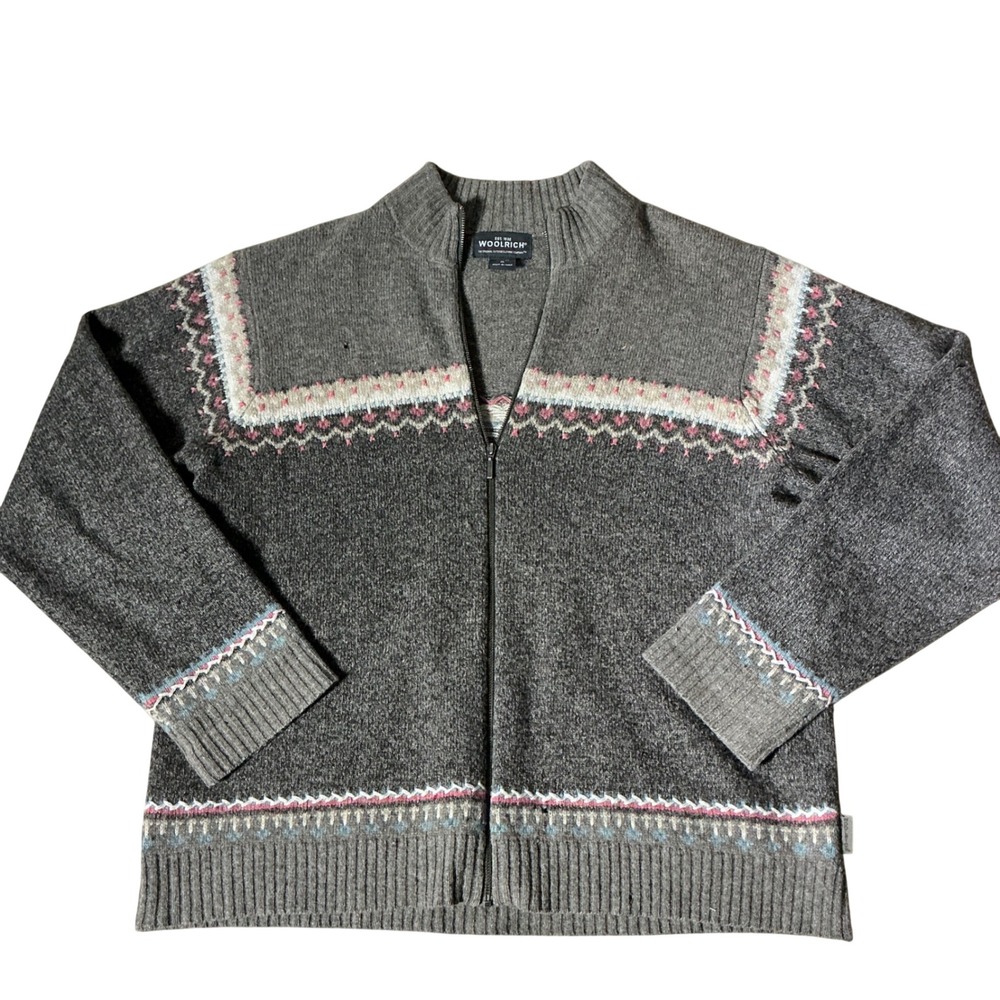 Woolrich Womens Gray Fair Isle Full Zip Lambswool Full Zip Jacket XL 9232